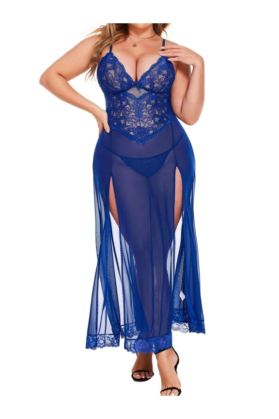 Women Plus Size Lingerie Long Lace Nighty Sexy Mesh Nightdress Side Split Nightgown Sleepwear