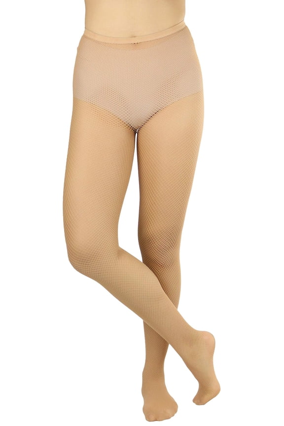 Women's Fishnet Seamless Full Footed Panty Hose Tights Hosiery - Beige - One Size