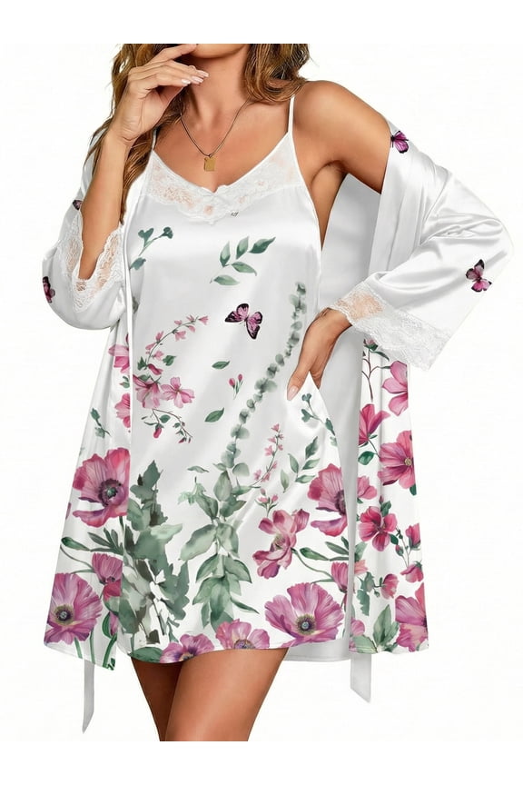 Womens Nightgown and Robe Sets Satin Silk Sleeveless Nightdress with Bathrobes Knee Length Bride Sleewear