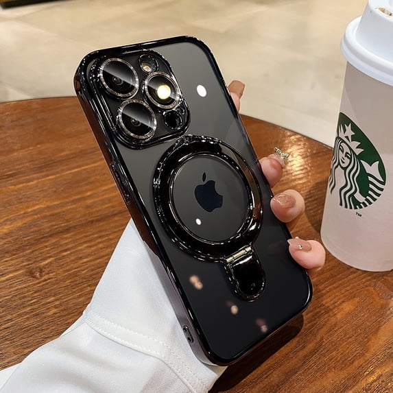 Kryonix Case for iPhone 16 Pro Max/16: Magnetic Pivot Stand - Transparent Electroplated Cover with Lens Protection & Shockproof Bumper