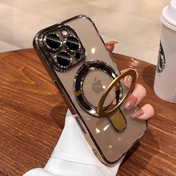 Kryonix Case for iPhone 16 Pro Max/16: Magnetic Pivot Stand - Transparent Electroplated Cover with Lens Protection & Shockproof Bumper
