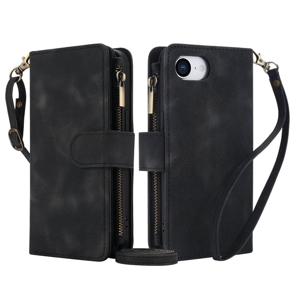 Kryonix Crossbody Case for iPhone 16 E, RFID Blocking, Card Holder Wallet Cover, Zipper Pocket PU Leather Magnetic Snap Shoulder Strap Large Capacity Purse Protective with Lanyard, Black