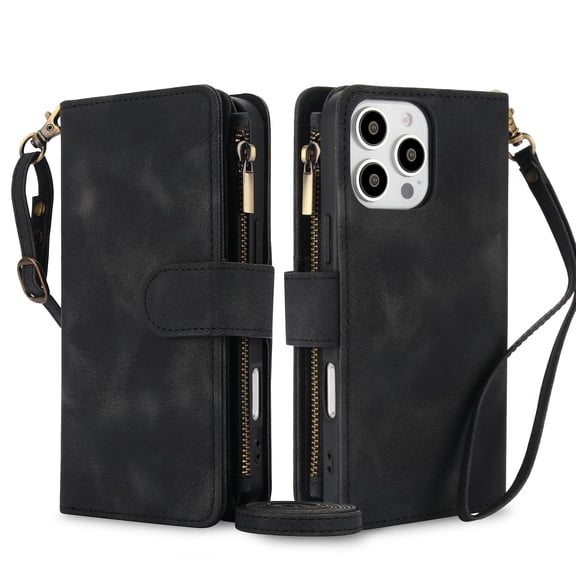 Kryonix Crossbody Case for iPhone 16 Pro Max, RFID Blocking, Card Holder Wallet Cover, Zipper Pocket PU Leather Magnetic Snap Shoulder Strap Large Capacity Purse Protective with Lanyard, Black
