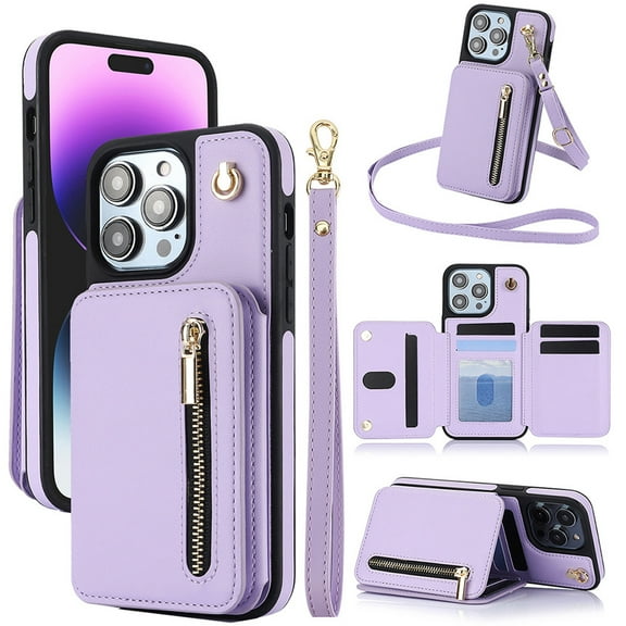 Kryonix Crossbody Wallet Case for iPhone 11 Pro with Lanyard Strap Card Slot Holder RFID Blocking Ring Kickstand,Magnetic Flip Folio Zipper Purse Case, PU Leather Cover Handbag,Purple/Black/White