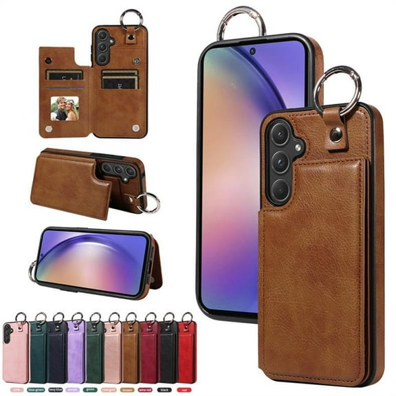 Kryonix For Samsung Galaxy A55 Case, Textured Leather Wallet Card Holder with Detachable Lanyard, Shockproof Protective Cover, Purple/Blue/Pink/Black