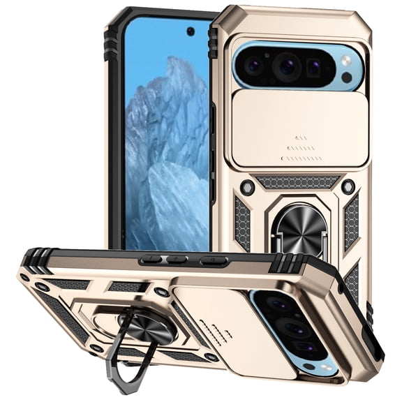 Kryonix for Google Pixel 10 6.3” Phone Case,with Slide Camera Protector,Military Grade Heavy Duty Protection Cover,360 Metal Rotating Ring Kickstand Holder,Armor Shockproof Case,Golden