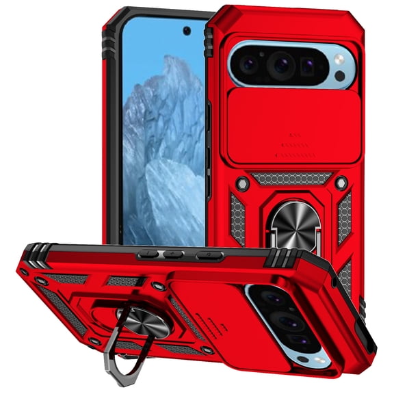 Kryonix for Google Pixel 10 6.3” Phone Case,with Slide Camera Protector,Military Grade Heavy Duty Protection Cover,360 Metal Rotating Ring Kickstand Holder,Armor Shockproof Case,Red
