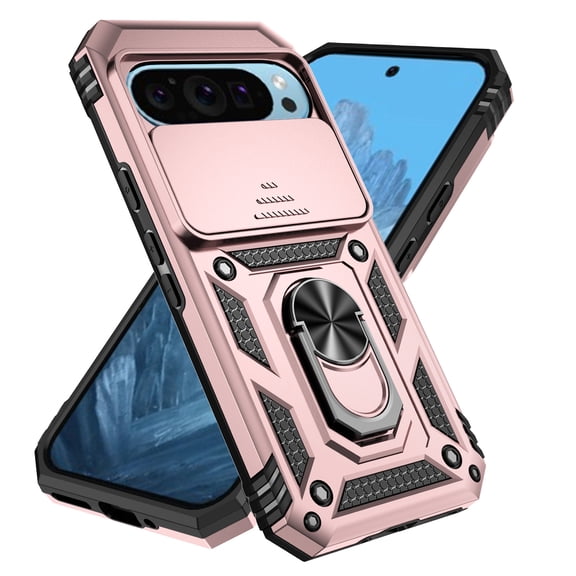 Kryonix for Google Pixel 10 Pro 6.3” Phone Case,with Slide Camera Protector,Military Grade Heavy Duty Protection Cover,360 Metal Rotating Ring Kickstand Holder,Armor Shockproof Case,Rose Gold