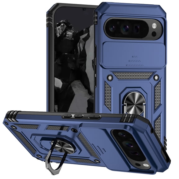 Kryonix for Google Pixel 10 Pro XL 6.8” Phone Case,with Slide Camera Protector,Military Grade Heavy Duty Protection Cover,360 Metal Rotating Ring Kickstand Holder,Armor Shockproof Case,Blue