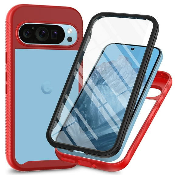 Kryonix for Google Pixel 10 Pro XL Case Full-Body Bumper Case Cover Built in Screen Protector Shockproof Transparent Back 360 Full Body Protective Case, Red