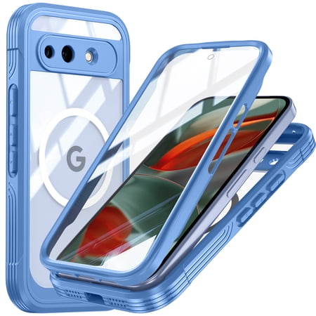 Kryonix for Google Pixel 10A 6.3'' Clear Magnetic Shockproof Case, 360-Degree Protection scratches Heavy Duty Military Grade Rugged Protection Built in Screen Protector Phone Case Cover,Blue