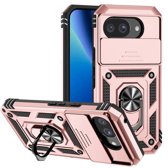 Kryonix for Google Pixel 10A 6.3” Phone Case,with Slide Camera Protector,Military Grade Heavy Duty Protection Cover,360 Metal Rotating Ring Kickstand Holder,Armor Shockproof Case,Rose Gold