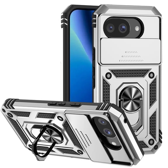Kryonix for Google Pixel 10A 6.3” Phone Case,with Slide Camera Protector,Military Grade Heavy Duty Protection Cover,360 Metal Rotating Ring Kickstand Holder,Armor Shockproof Case,Silver