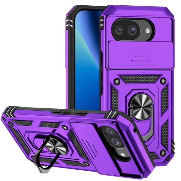 Kryonix for Google Pixel 10A 6.3” Phone Case,with Slide Camera Protector,Military Grade Heavy Duty Protection Cover,360 Metal Rotating Ring Kickstand Holder,Armor Shockproof Case,Purple
