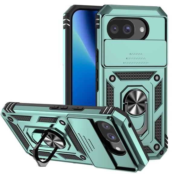Kryonix for Google Pixel 10A 6.3” Phone Case,with Slide Camera Protector,Military Grade Heavy Duty Protection Cover,360 Metal Rotating Ring Kickstand Holder,Armor Shockproof Case,Dark Green