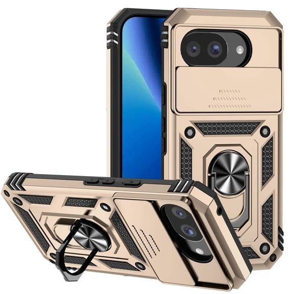 Kryonix for Google Pixel 10A 6.3” Phone Case,with Slide Camera Protector,Military Grade Heavy Duty Protection Cover,360 Metal Rotating Ring Kickstand Holder,Armor Shockproof Case,Golden