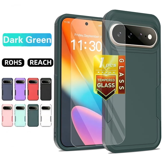 Kryonix for Google Pixel 11 6.3” Phone Case,with Tempered Glass Screen Protector,Dual Layer Shockproof Heavy Duty Military Grade Protective Case Hybrid Rugged Cover,Slim & Tough,Dark Green