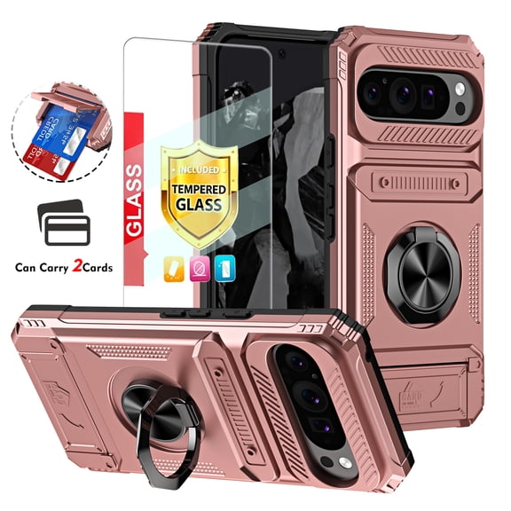 Kryonix for Google Pixel 9 6.3'' Case Wallet with with Card Holder [Store 2 Cards] + 360° Magnetic Rotated Ring Kickstand, Heavy Duty Drop Protection Wallet Phone Cover with Strap,Rose Gold