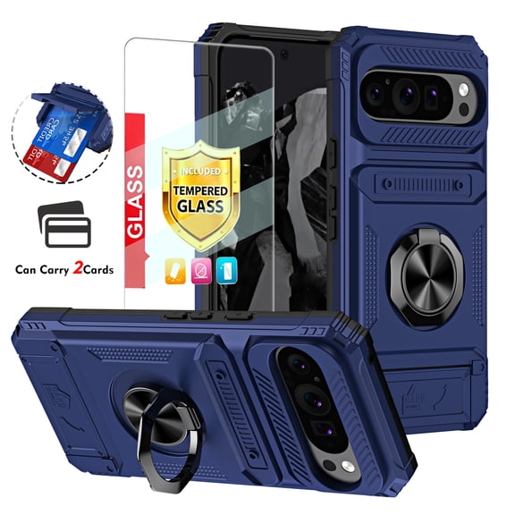 Kryonix for Google Pixel 9 Pro 6.3'' Case Wallet with with Card Holder [Store 2 Cards] + 360° Magnetic Rotated Ring Kickstand, Heavy Duty Drop Protection Wallet Phone Cover with Strap,Blue