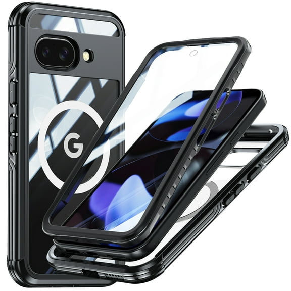 Kryonix for Google Pixel 9A 6.3'' Clear Magnetic Shockproof Case, 360-Degree Protection scratches Heavy Duty Military Grade Rugged Protection Built in Screen Protector Phone Case Cover,Black