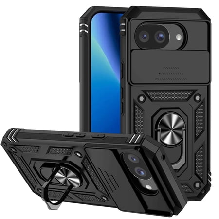 Kryonix for Google Pixel 9A 6.3” Phone Case,with Slide Camera Protector,Military Grade Heavy Duty Protection Cover,360 Metal Rotating Ring Kickstand Holder,Armor Shockproof Case,Black