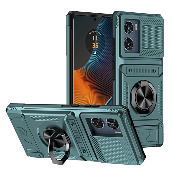 Kryonix for Motorola Moto Edge 50 Fusion Case with Wallet Card Holder [Store 2 Cards] 360° Magnetic Rotated Ring Kickstand,Armor Shockproof Case,Military Grade Heavy Duty Protection Cover,Green