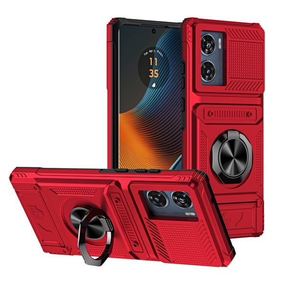 Kryonix for Motorola Moto Edge 50 Fusion Case with Wallet Card Holder [Store 2 Cards] 360° Magnetic Rotated Ring Kickstand,Armor Shockproof Case,Military Grade Heavy Duty Protection Cover,Red