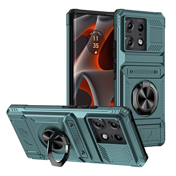 Kryonix for Motorola Moto Edge 50 Pro Case with Wallet Card Holder [Store 2 Cards] 360° Magnetic Rotated Ring Kickstand,Armor Shockproof Case,Military Grade Heavy Duty Protection Cover,Green