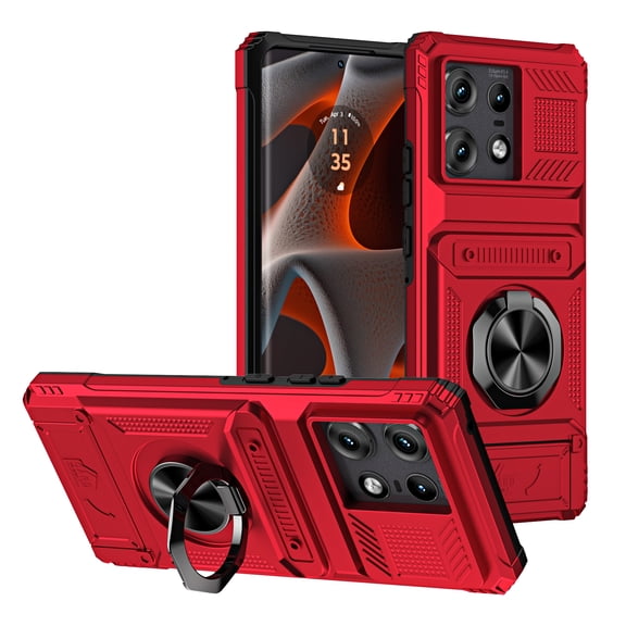Kryonix for Motorola Moto Edge 50 Pro Case with Wallet Card Holder [Store 2 Cards] 360° Magnetic Rotated Ring Kickstand,Armor Shockproof Case,Military Grade Heavy Duty Protection Cover,Red