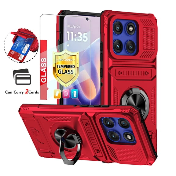 Kryonix for Motorola Moto Edge 60 Case with Screen Protector,Wallet with Card Holder [Store 2 Cards] + 360° Magnetic Rotated Ring Kickstand,Heavy Duty Drop Protection Phone Cover,Red