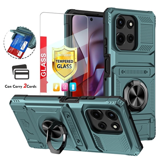 Kryonix for Motorola Moto G Play 2026 Case with Screen Protector,Wallet with Card Holder [Store 2 Cards] + 360° Magnetic Rotated Ring Kickstand,Heavy Duty Drop Protection Phone Cover,Green