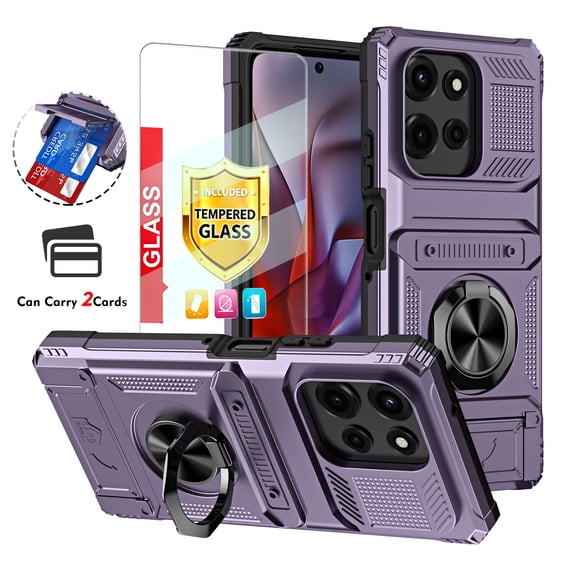 Kryonix for Motorola Moto G Power 2026 6.8'' Case with Screen Protector,Wallet with Card Holder [Store 2 Cards] + 360° Magnetic Rotated Ring Kickstand,Heavy Duty Drop Protection Phone Cover,Violet