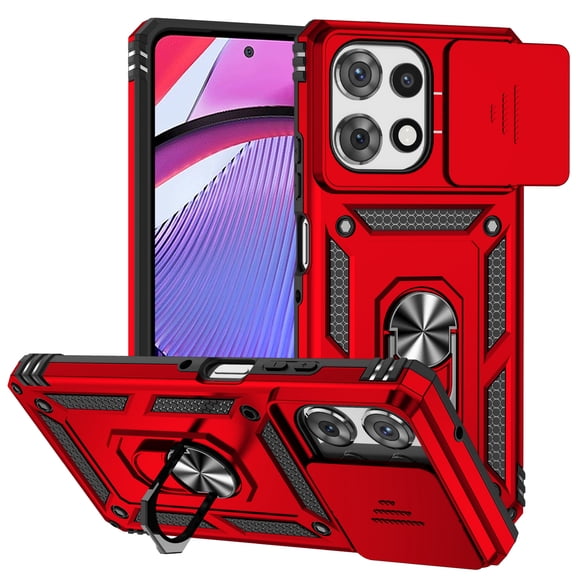 Kryonix for Motorola Moto G Power 2026 6.8” case,Military Grade Drop Impact,360 Metal Rotating Ring Kickstand Holder,Camera Lens Slide Protection Case,Armor Shockproof Case,TPU Bumper,Red