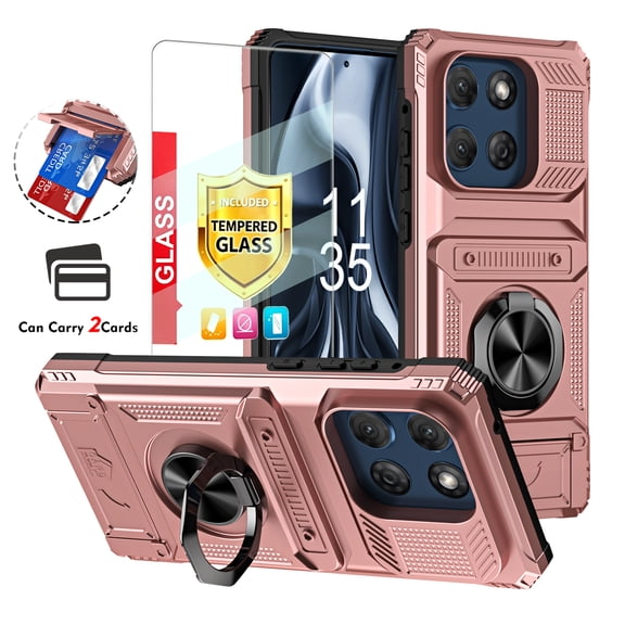 Kryonix for Motorola Moto G Stylus 2025 Case with Screen Protector,Wallet with Card Holder [Store 2 Cards] + 360° Magnetic Rotated Ring Kickstand,Heavy Duty Drop Protection Phone Cover,Rose Gold