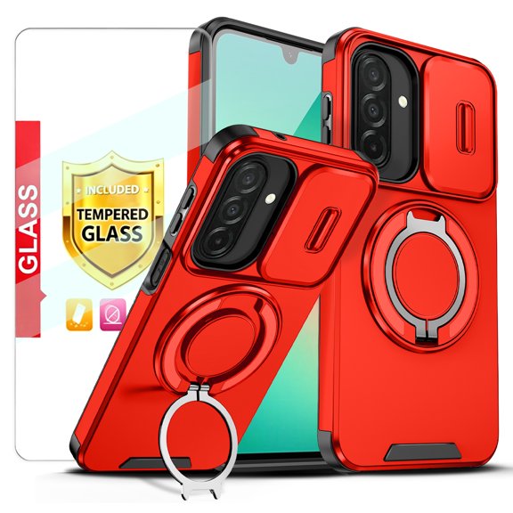 Kryonix for Samsung Galaxy A27 5G 6.7'' Case with Tempered Glass Screen Protector,Slide Camera Cover,Dual-Layer Hybrid Shockproof Magnetic Ring Holder,Rugged Slim Cell for Women Men,Red