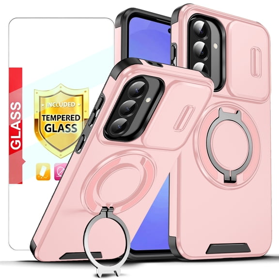 Kryonix for Samsung Galaxy A36 5G 6.7'' Case with Screen Protector,Includes a Sliding Camera Cover,360° Magnetic Rotated Ring Kickstand,Military Grade Shockproof Protective Cover,Pink