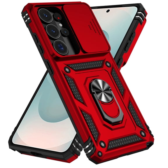 Kryonix for Samsung Galaxy S25 Ultra 6.9” case,with Slide Camera Protector,Military Grade Heavy Duty Protection Cover,360 Metal Rotating Ring Kickstand Holder,Armor Shockproof Case,Red