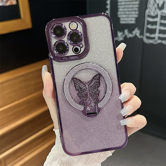 Kryonix for iPhone 13 Pro Case Cute Shiny Magnetic Glitter Butterfly Stand Soft Protective Cover, Purple/Blue/Pink/Black