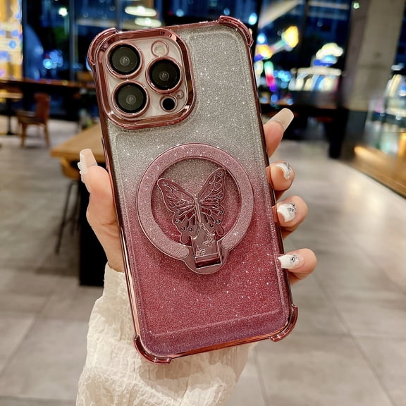 Kryonix for iPhone 15 Pro Max Case Cute Butterfly Glitter Stand Magnetic Cover with Shockproof Camera Protection, Purple/Blue/Pink/Black