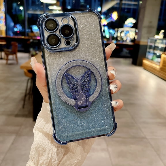 Kryonix for iPhone 16 Pro Case Cute Butterfly Glitter Stand Magnetic Cover with Shockproof Camera Protection, Purple/Blue/Pink/Black