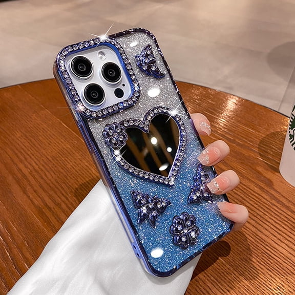 Kryonix for iPhone 16 Pro Max Case Cute New Shockproof Shiny Heart Mirror Butterfly Crystal Cover, Purple/Blue/Pink/Black