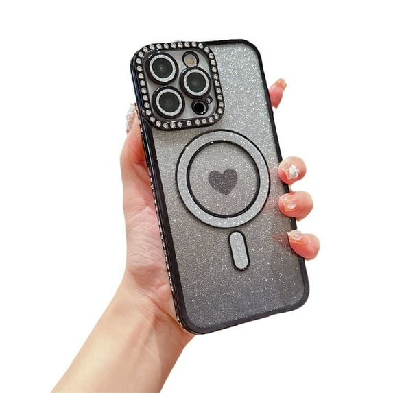 Kryonix for iphone 12 case cute Glitter Heart Shiny Magnetic Edge Drilling Cover with Camera Protection, Purple/Blue/Pink/Black
