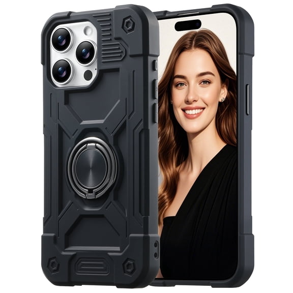 Kryonix for iPhone 15 Pro Max 6.7'' Case with Ring Holder,Durable Military-Grade Rugged Shock-Absorbing Silicone Rubber Protective Case with 360° Magnetic Rotating Kickstand,Black