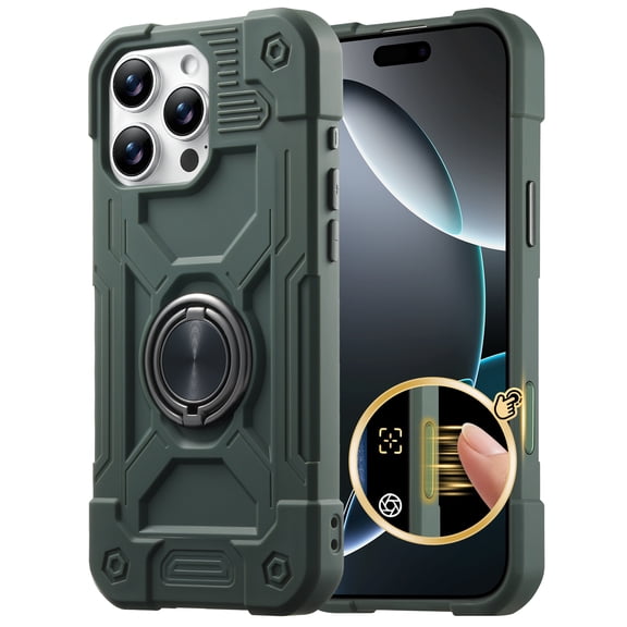 Kryonix for iPhone 16 Pro Max 6.9'' Case with Ring Holder,Durable Military-Grade Rugged Shock-Absorbing Silicone Rubber Protective Case with 360° Magnetic Rotating Kickstand,Army Green