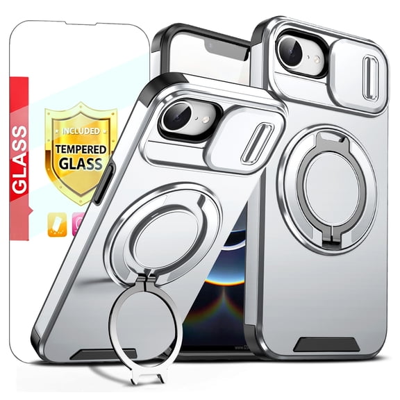Kryonix for iPhone 16e 6.1'' Case with Screen Protector,Includes a Sliding Camera Cover,360° Magnetic Rotated Ring Kickstand,Military Grade Shockproof Protective Cover,Silver