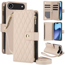 Kryonix for iPhone 17 Air Wallet Case, Crossbody Zipper Purse with Wrist Strap Lanyard Handbag, RFID Blocking Card Holders, Kickstand Flip Leather Cover, Pink/Beige/Black