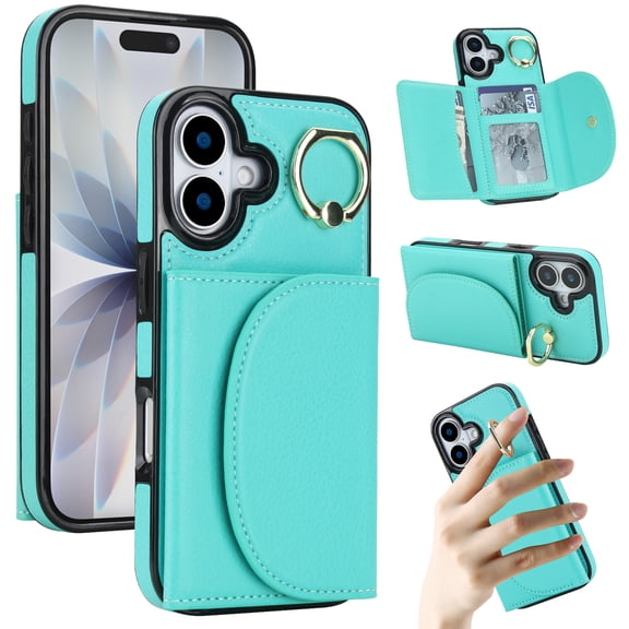 Kryonix for iPhone 17 Case Wallet, 360 ° Rotation Ring Kickstand, RFID Blocking Card Slots Holder, Magnetic Clasp Flip PU Leather Fashion Shockproof Cover,Beige/Pink/Black