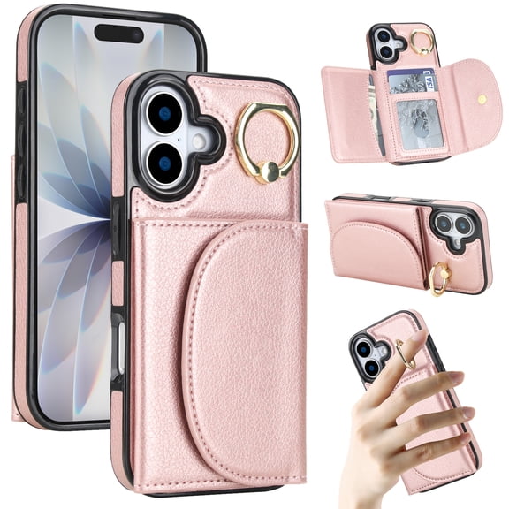 Kryonix for iPhone 17 Case Wallet, 360 ° Rotation Ring Kickstand, RFID Blocking Card Slots Holder, Magnetic Clasp Flip PU Leather Fashion Shockproof Cover,Beige/Pink/Black