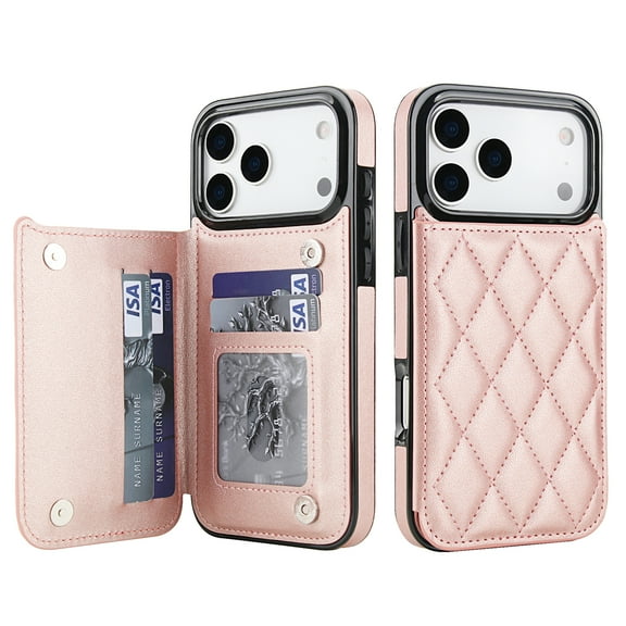 Kryonix for iPhone 17 Pro Max Case Magnetic Leather Wallet, 2-in-1 Flip Folio with Card Slots and Kickstand, RFID Blocking Protection, Shockproof Hand-Sewn Quilted Design,Pink/Black/Brown