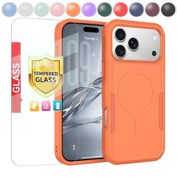 Kryonix for iPhone 17 Pro Max Case with Screen Protector,Compatible with MagSafe,Shockproof Heavy Duty Military Grade Protection Case Rugged Slim Matte Cover with Magnetic,Orange